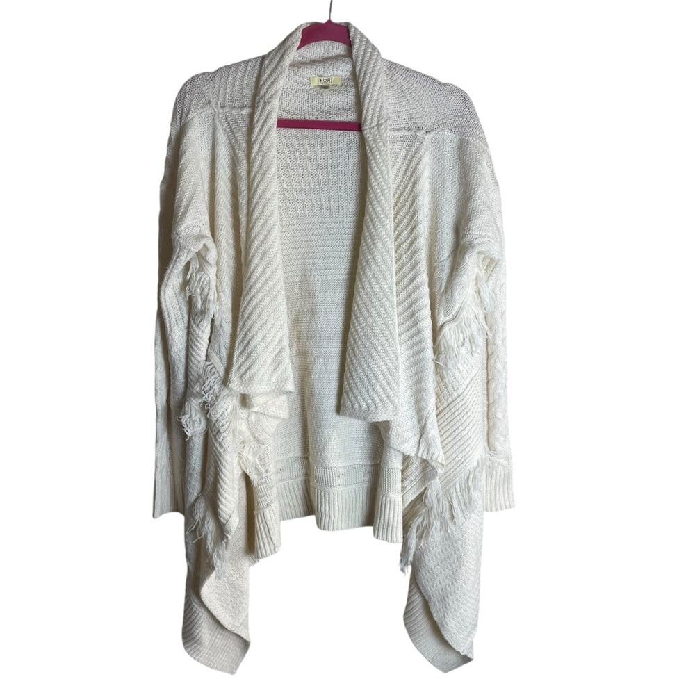 Kori Open Front Fringe Cable Knit Cardigan Sweater Cream Medium / Large